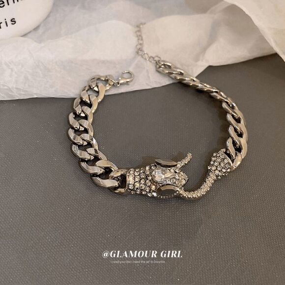 SILVER DIAMOND CUBAN CHAIN SNAKE BRACELET - Picture 3 of 5